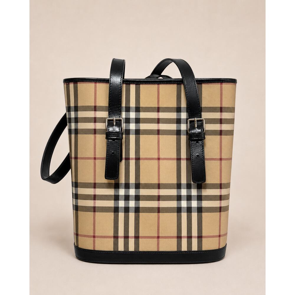 Burberry London Nova Check Tote Bucket Bag Black Leather Trim Plaid Shoulder Bag